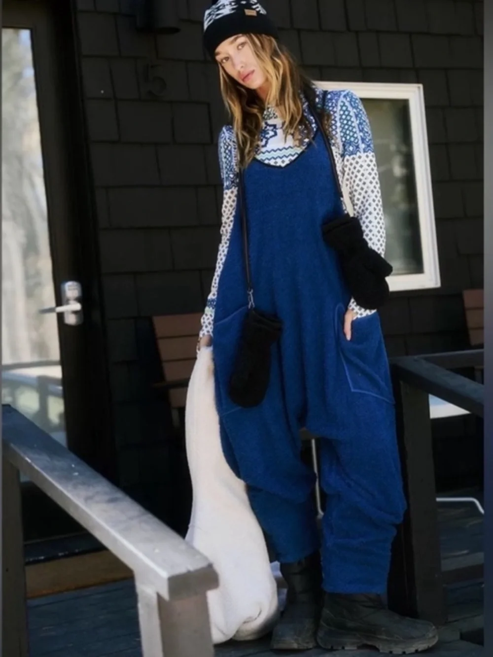 Free People Hot Shot Cuddle Up Fleece Onesie Jumpsuit Blue Black Size Small Rare